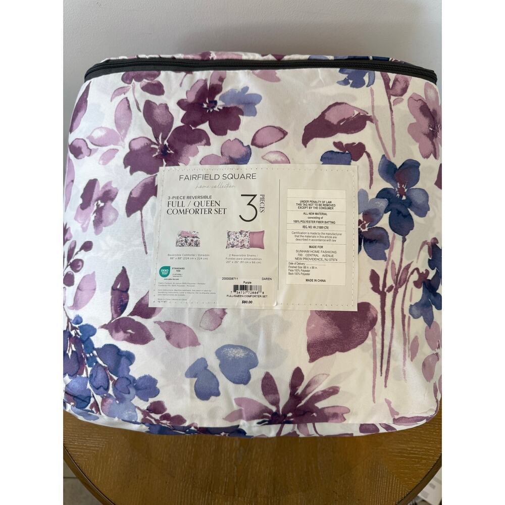 Fairfield Square 3-Piece Reversible Full/Queen Comforter Set Purple Floral NEW - Picture 2 of 2